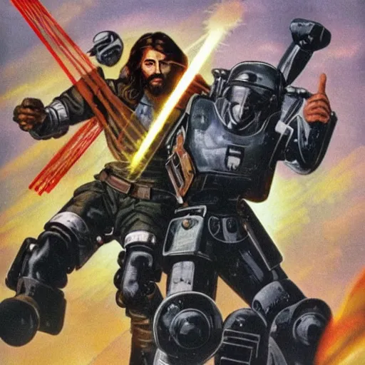 Image similar to Jesus in a mech suit fighting Hitler in a mech suit, photo