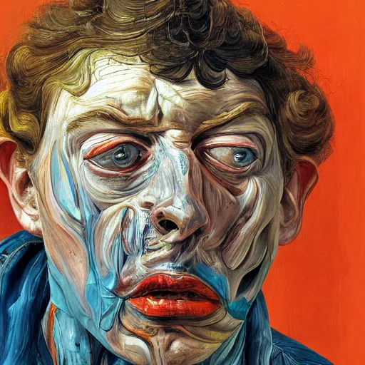 Image similar to high quality high detail painting of a man in agony by lucian freud and jenny saville and francis bacon, hd, anxiety, turquoise and orange