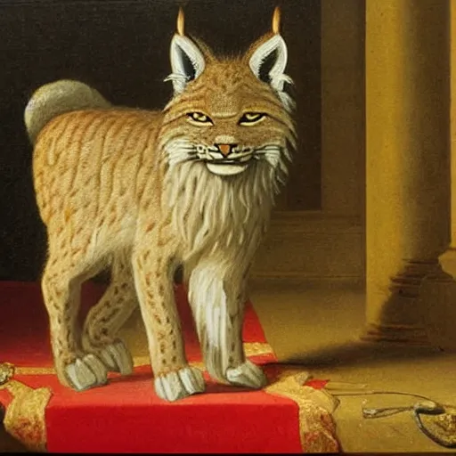 Image similar to an oil painting!!!!!!!!!!! of a king lynx in court circa 1800,