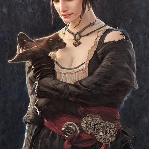 Image similar to portrait, cat person, black fur, pirate, doctor, pirate clothes, d & d, fantasy, intricate, elegant, highly detailed, digital painting, artstation, concept art, matte, sharp focus, illustration, art by artgerm and greg rutkowski and alphonse mucha