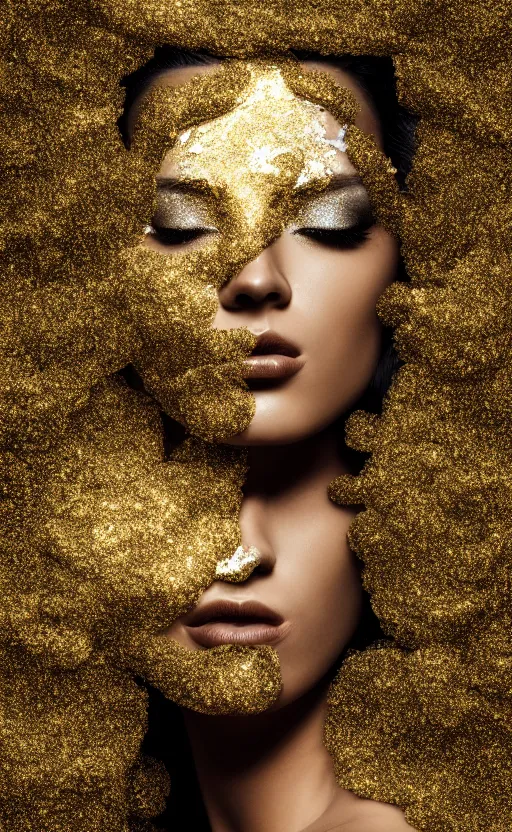 Prompt: abstract head shot intricate portrait of the beautiful supermodel females silhouette sleeping in black glossy acrylic paint and crystals, intricate, elegant, abstract art, white and golden quartz and giant abstract marble white paint surrounded by golden smoke, glitter and energy glow, golden particles flying in the air. matte painting. epic lens flare. octane render, by wlop, tooth wu, greg rutkowski,