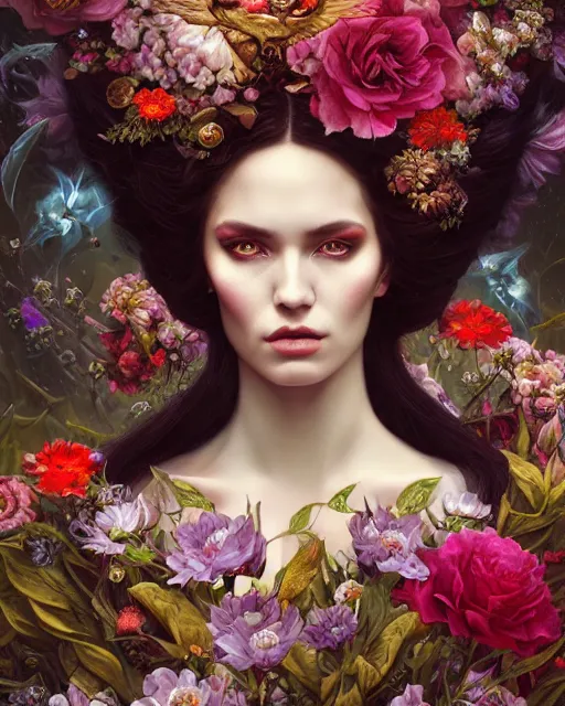 Prompt: portrait of the queen of the underworld, surrounded by flowers by karol bak, james jean, tom bagshaw, rococo, trending on artstation, cinematic lighting, hyper realism, octane render, 8 k, hyper detailed.