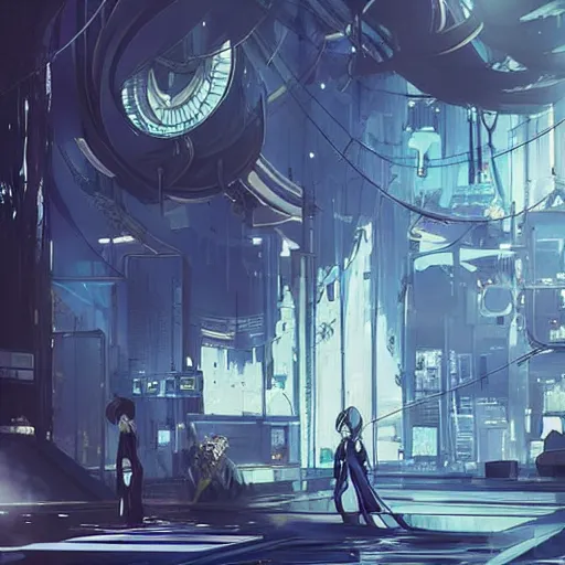 Prompt: white and indigo colors. highly detailed post-cyberpunk sci-fi subway in style of cytus and deemo, mysterious vibes, by Akihiko Yoshida, by Greg Tocchini, nier:automata, set in half-life 2, beautiful with eerie vibes, very inspirational, very stylish, surrealistic, perfect digital art, mystical journey in strange world, bastion game