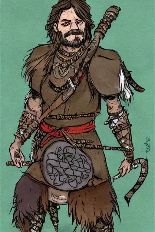 Image similar to full body character concept art of Eoghaill of the Murine Hordes, a La Tene Culture Celtic chieftain and warrior, resplendent and proud of bearing. Has a one-eyed rat as a familiar. Eoghaill is the leader of an Comlagh Naomh a group of Iron Age mercenaries.