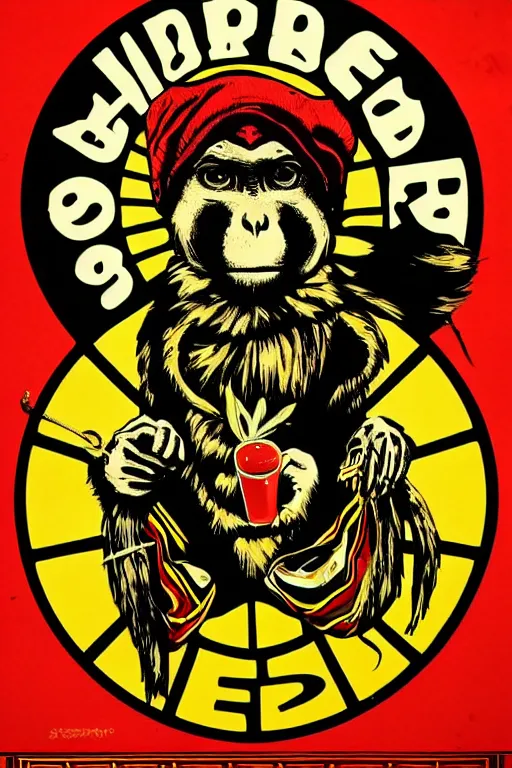 Image similar to Shepard Fairey poster of reggae weed smoking monkey , color, high resolution.