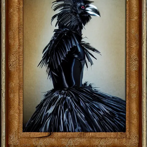 Image similar to Raven queen in a large raven-themed dress with feathers, high quality, portrait