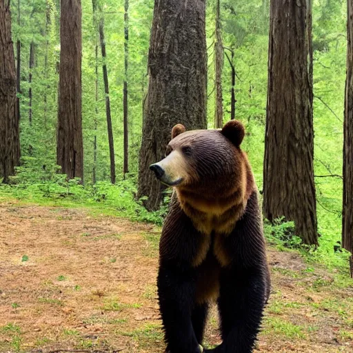 Prompt: a bear as a field news reporter in the forest, photograph