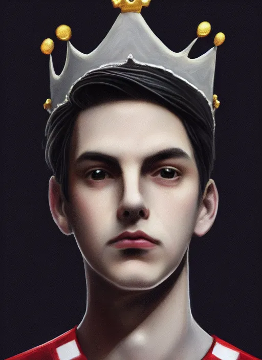 Prompt: portrait of teenage jughead jones wearing a light grey crown, photorealistic, crown, crown with red and white pin badge, crown with pins, eyes closed, crown, black hair, intricate, elegant, highly detailed, digital painting, glowing lights, artstation, concept art, smooth, sharp focus, illustration, art by wlop, mars ravelo and greg rutkowski