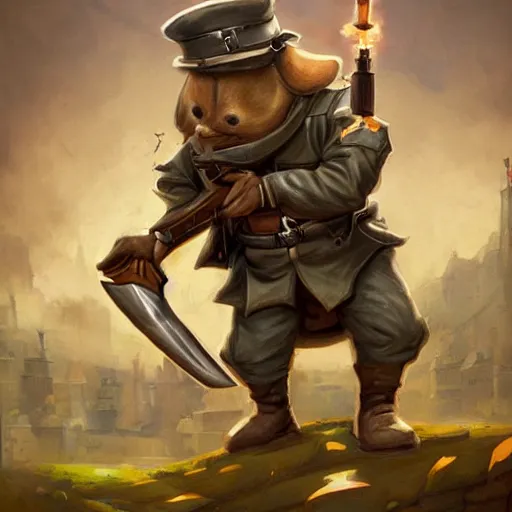 Image similar to cute little anthropomorphic Guinea Pig Soldier wielding a revolver in city, tiny, small, short, WW1 USA outfit, cute and adorable, pretty, beautiful, DnD character art portrait, matte fantasy painting, DeviantArt Artstation, by Jason Felix by Steve Argyle by Tyler Jacobson by Peter Mohrbacher, cinematic lighting