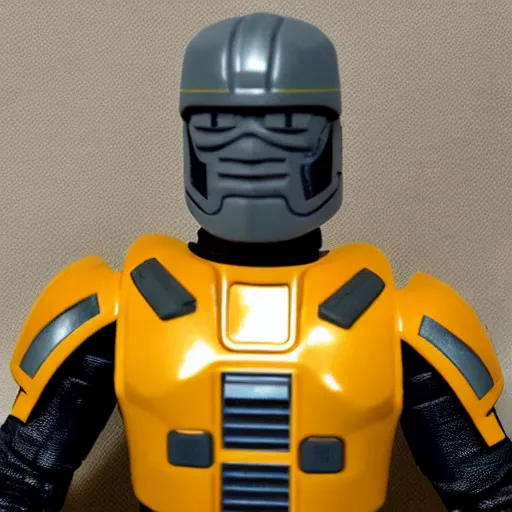 Image similar to a space soldier action figure with dark grey and yellow armor