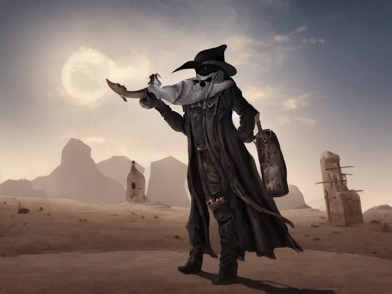 Image similar to plague doctor cowboy standing near a western town in the desert, wearing ragged cool clothes, dynamic lighting, fantasy photorealistic concept art, cinematic, dusty