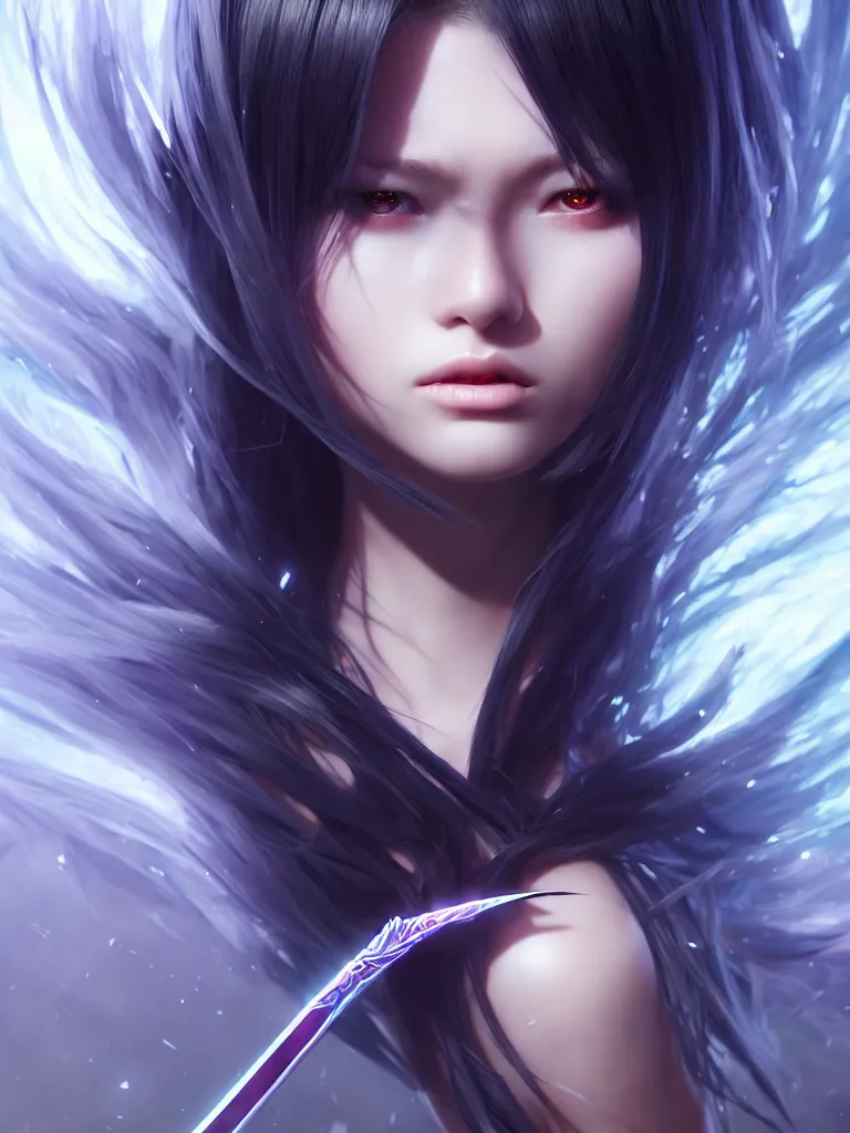 Image similar to extremely beautiful aesthetic ego sword in a shape of girl, black long hair, occlusion shadow, specular reflection, rim light, unreal engine, octane render, artgerm, artstation, art by hiroaki samura and jiro matsumoto and yusuke murata, high quality, highly detailed 8 k, fantasy illustration