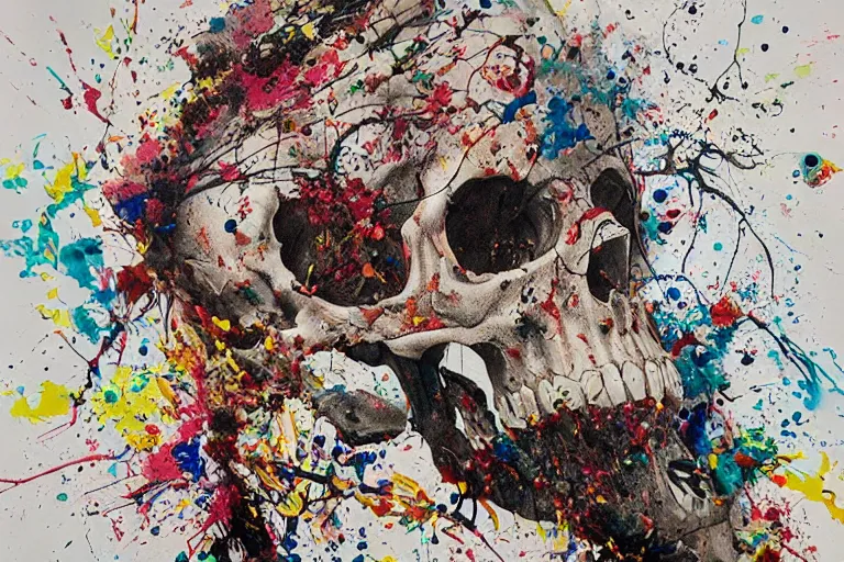 Prompt: a splattered action painting by jackson pollock showing a skull, ultradetailed, fine art painting, peter mohrbacher, moebius, skull carving, frottage, watercolor, acrylic, multilayered paint, spectacular splatter explosion, psychedelic art