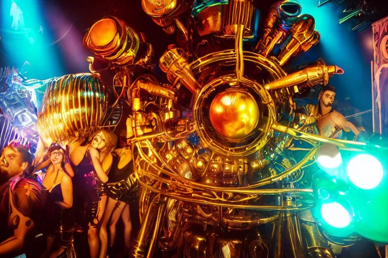 Prompt: scene is la troya party in amnesia in ibiza, portrait photo of a giant huge golden and blue metal steampunk robot, with futuristic gears and tubes, eyes are glowing red lightbulbs, shiny crisp finish, 3 d render, 8 k, insaneley detailed, fluorescent colors, haluzinogetic, background is multicolored lasershow