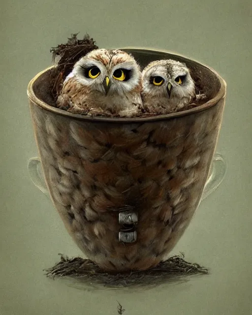 Prompt: long shot of a very cute owl chick nesting in a mug, esao andrews, humorous illustration, hyperrealistic, big depth of field, warm colors, night scenery, low light, 3 d octane render, 4 k, concept art, hyperdetailed, hyperrealistic, trending on artstation