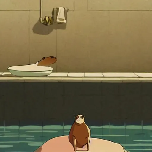 Image similar to the scene of a capybara sitting in a steaming bathtub in the animated movie spirited away by hayao miyazaki, studio ghibli, animated movie, anime, beautiful