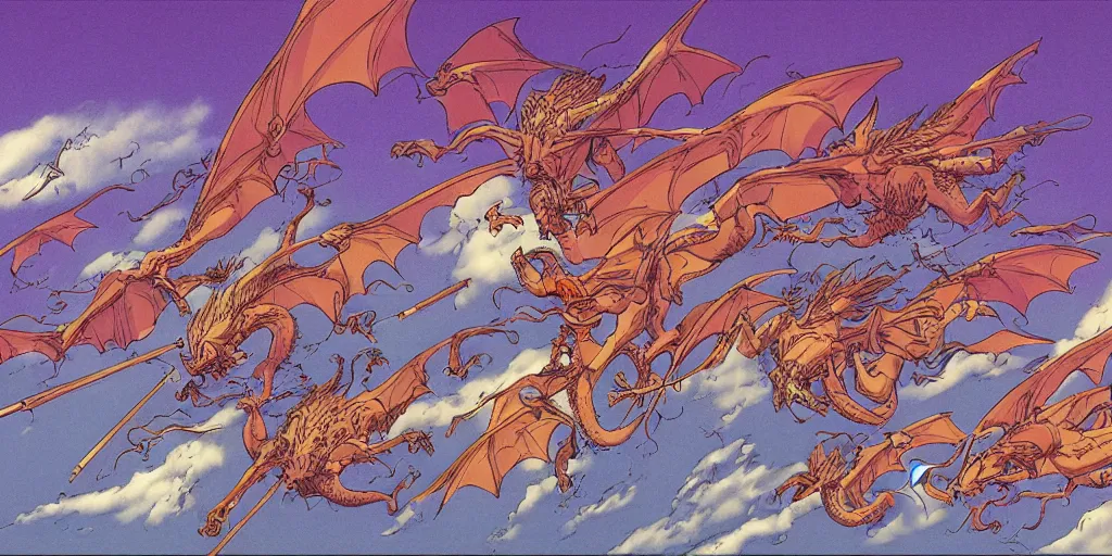 Prompt: dragonriders flying, casting magic, epic scene, 8k, illustration, art by ghibli moebius, comics art