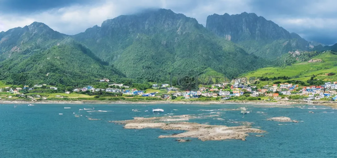 Image similar to the landscape of a beautiful coastal village with mountains in the background, in summer, award-winning photography