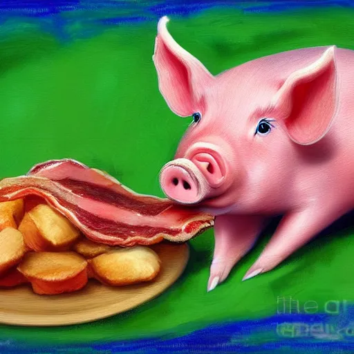 Image similar to a pig eating a rasher of bacon. detailed, realistic, digital painting,