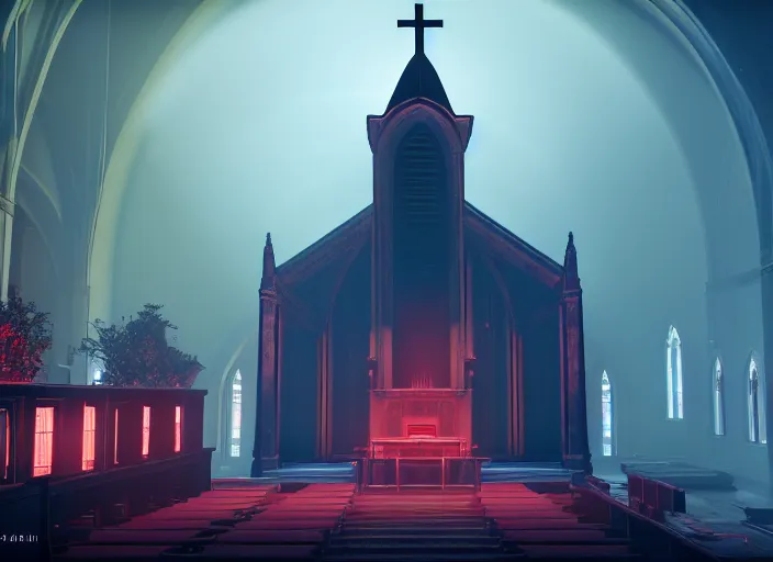 Image similar to symmetry!! centered!! ancient church of worship with red shafts of light in destiny 2, foggy, liminal, dark, dystopian, beautiful architecture, abandoned, highly detailed 4 k 6 0 fps destiny 2 promotional poster image wallpaper expansion