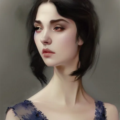 Image similar to of english teenage girl with black hair, china blue eyes, pale glowing skin, beautiful sinister features, no makeup, elegant fashion model, fantasy, intricate, elegant, dress shirt and tie, highly detailed, digital painting, artstation, concept art, smooth, sharp focus, illustration, art by Krenz Cushart and Artem Demura and alphonse mucha