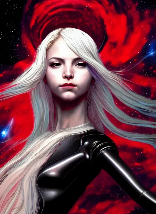 Prompt: highly detailed portrait of a hopeful pretty astronaut lady with a wavy blonde hair, by Gerald Brom, 4k resolution, nier:automata inspired, bravely default inspired, vibrant but dreary but upflifting red, black and white color scheme!!! ((Space nebula background))