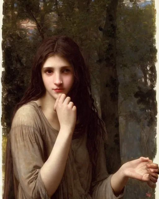 Prompt: a realistic portrait of a teenage girl who looks like Uma Thurmond and Winona Ryder with an anxious expression and slightly open mouth, wearing ragged torn clothing, inside a cathedral lit with god rays, by William-Adolphe Bouguereau, John William Waterhouse, Frederic Leighton, Alphonse Mucha, Edward Burne Jones