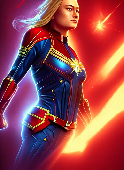 Prompt: Highly detailed portrait of Captain Marvel, unreal engine, fantasy art by Loish, global illumination, radiant light, detailed and intricate environment