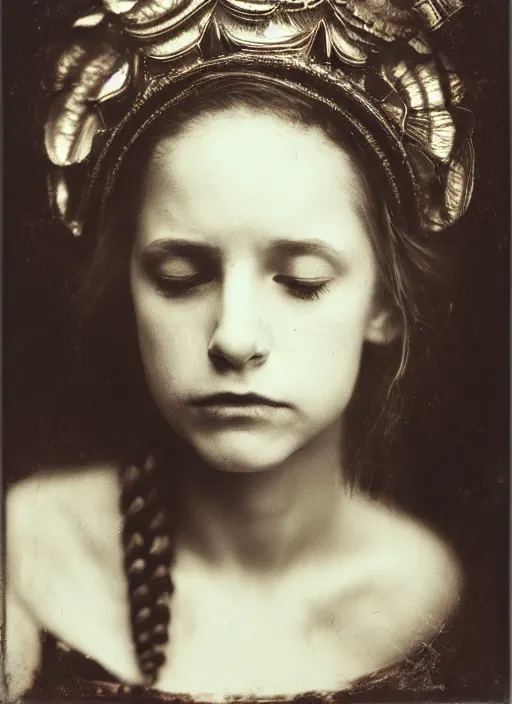 Image similar to portrait of young woman in renaissance dress and renaissance headdress, art by sally mann