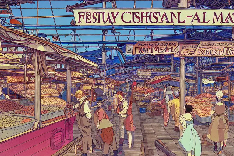 Image similar to cel-shaded study of a coastal city fish market a late renaissance city docks, key visual with intricate linework, in the style of moebius, ayami kojima, 90's anime, retro fantasy