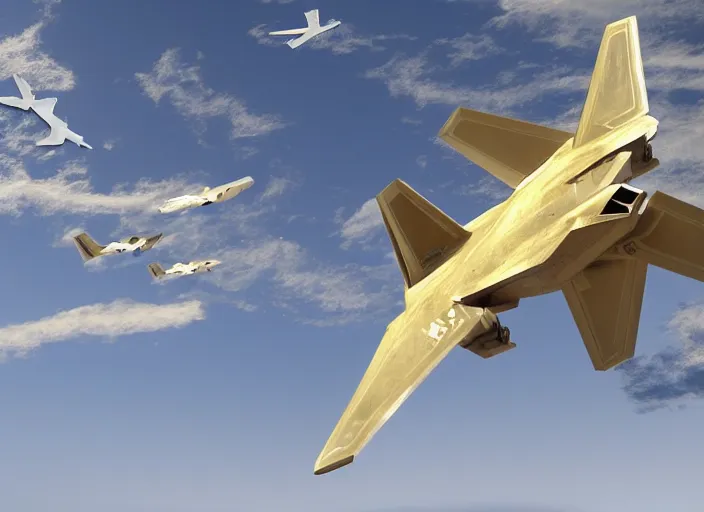 Prompt: a 3 d scene of a golden f - 2 2 raptor with swan wings with ornate rococo patterns flying over an enchanted forest