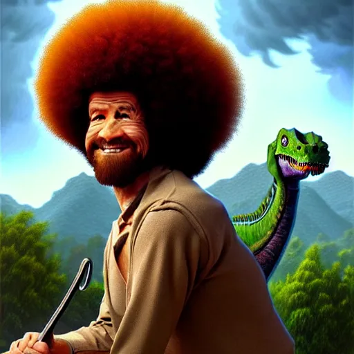 Image similar to bob ross!!! riding!!! a dinosaur!!, giant afro!, model pose, ultra realistic, concept art, intricate details, highly detailed, photorealistic, octane render, 8 k, unreal engine. art by artgerm and greg rutkowski and alphonse mucha