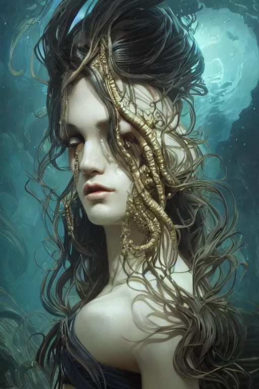 Prompt: dark underwater portrait of the moon queen of the ocean by greg rutkowski, cinematic lights, highly detailed, digital painting, artstation, smooth, sharp focus illustration, artstation hq. intricate, elegant. art by wlop and artgerm and greg rutkowski, alphonse mucha, medium shot. dan mumford, tomokazu matsuyama, takato yamamoto