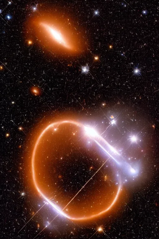 Prompt: a deep space photograph taken by james webb space telescope of a galaxy cluster with gravitational lensing