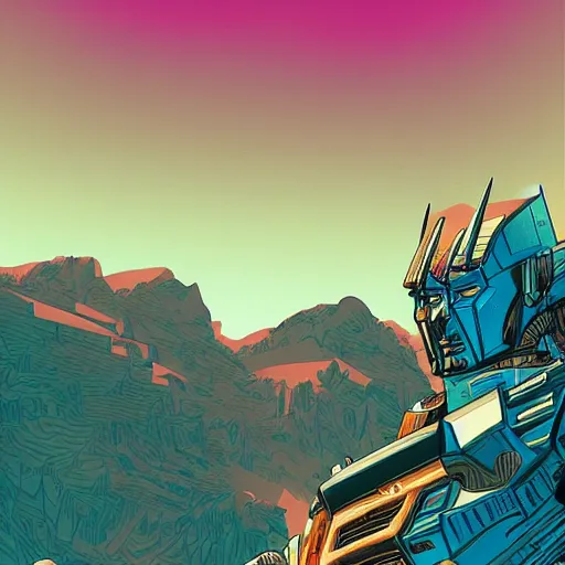 Prompt: optimus prime standing in the desert by kilian eng