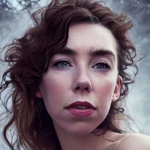 Image similar to stunning photo of vanessa kirby, dark - haired goddess, a beautiful closeup, she has tears running down her face, wet lips, perfect eyes, insanely detailed, elegant, by wlop, rutkowski, livia prima, mucha,