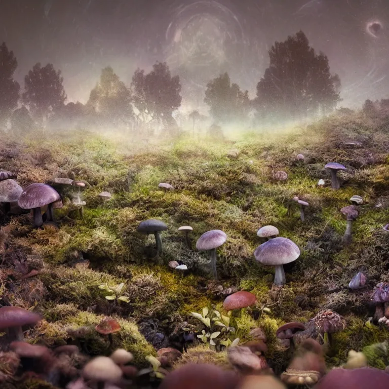 Image similar to a planet of various fungus, mushrooms and plants, inside the picture is infinity, Atmospheric phenomenon, artistic photography, muted colors, conceptual, long exposure outside the city, volumetric light