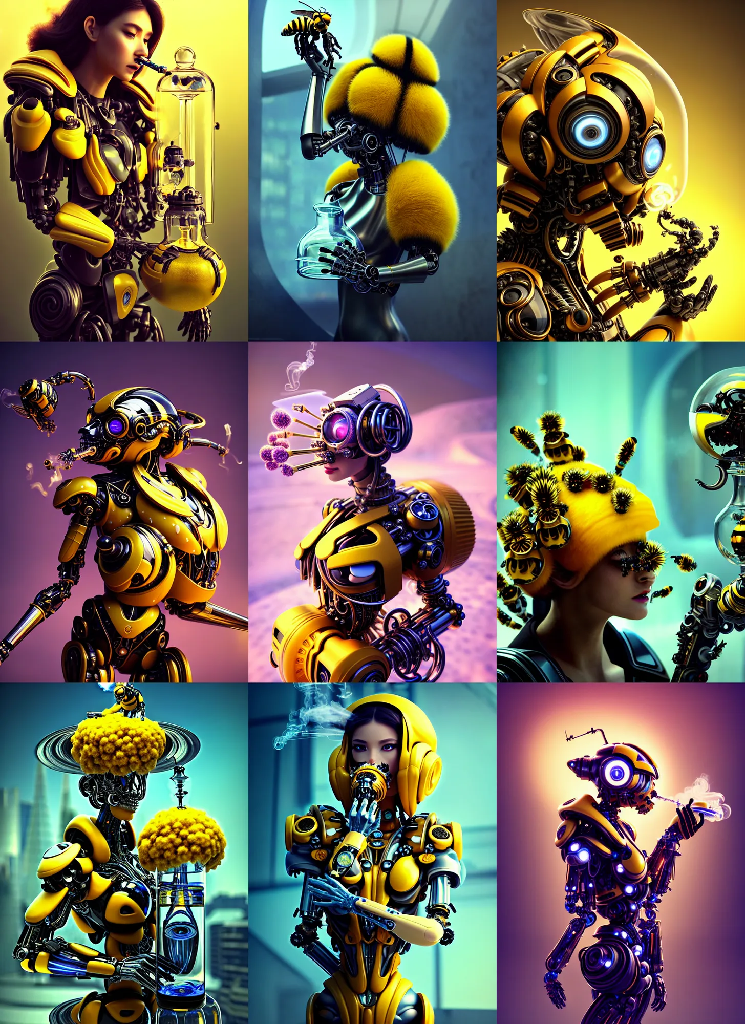 Prompt: transhuman blizzard bumblebee edm cyborg smoking elaborate floral bong | ornate | glamorous oily soft polished rich enticing ornate modern | weta disney pixar movie still photo | hi - fructose, sci fi fantasy, golden ratio details, smooth, octane render, sharp focus, artstation, concept art | beeple, feng zhu, mucha, rutkowski |