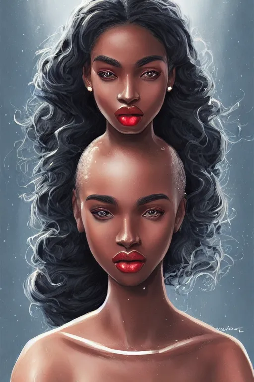 Image similar to A bust of a beautiful black skinned girl with large lips and smooth eyebrows and straight hair, HD, illustration, epic, fantasy, intricate, elegant, amazing detail, digital painting, artstation, concept art, smooth, sharp focus, illustration, art by Turine Tran