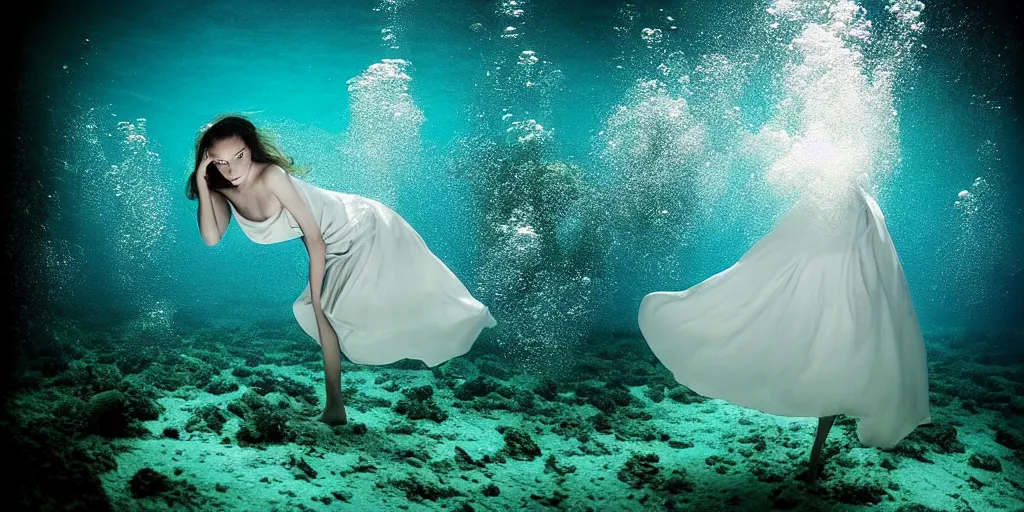 Prompt: deep underwater photography of beautiful model in flat dress by emmanuel lubezki