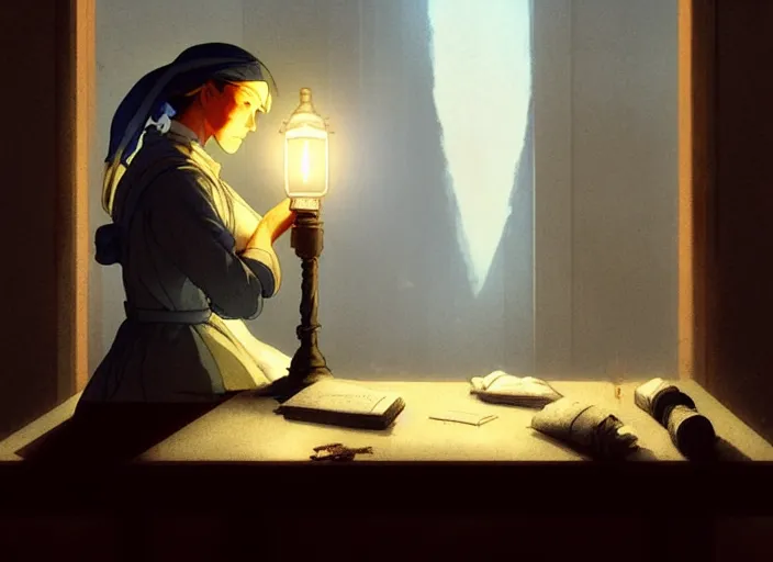 Image similar to 1 8 5 4 crimea, florence nightingale holding lamp, army hospital in scutari at night, wounded patients in beds on both sides of hospital ward, dirty floor, grimy walls, finely detailed perfect art, painted by greg rutkowski makoto shinkai takashi takeuchi studio ghibli