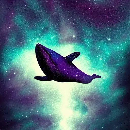 Prompt: portrait of whale swimming on a dark night sky, swimming across the universe, nebulae, purple and blue, galaxies, oniric, dreamy, beautiful, highly detailed, cinematic, dynamic composition, trending on artstation