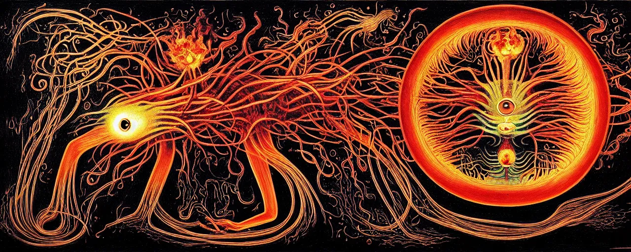 Image similar to a strange fire creature with endearing eyes radiates a unique canto'as above so below'while being ignited by the spirit of haeckel and robert fludd, breakthrough is iminent, glory be to the magic within, in honor of saturn, painted by ronny khalil