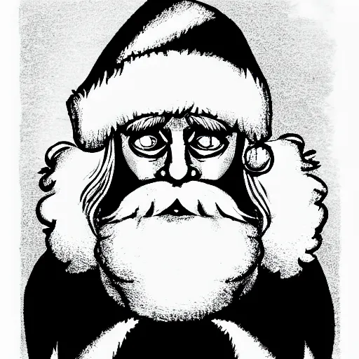 Prompt: evil santa claus, black and white illustration