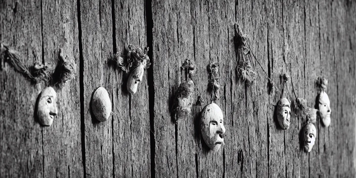 Prompt: close up of tyrolean and alpine folk folklore masks hanging on wooden wall, 1 9 2 0 analog photography, black and white, grainy, dark