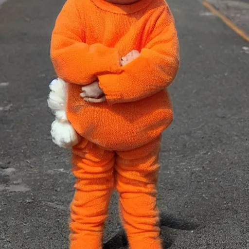 Prompt: cute little sheep wearing orange inmate clothes