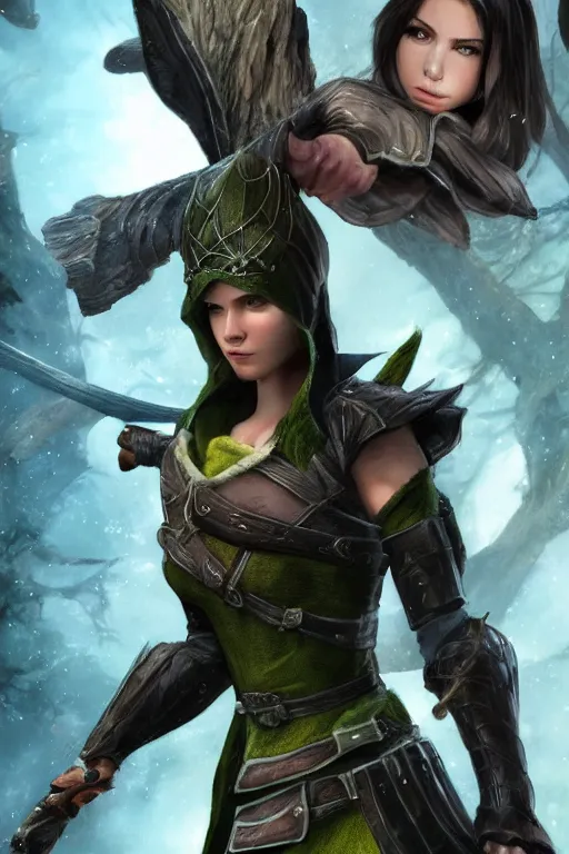 Image similar to fantasy character photo, live action. female ranger. danielle campbell. manic grin, yandere. tall, lanky, athletic, wiry. brown & dark forestgreen leather armor. small tilted lightgreen feathered cap worn at jaunty angle. black hair in ponytail. bright blue eyes. consulting in secret with an unseen, shadowy informant