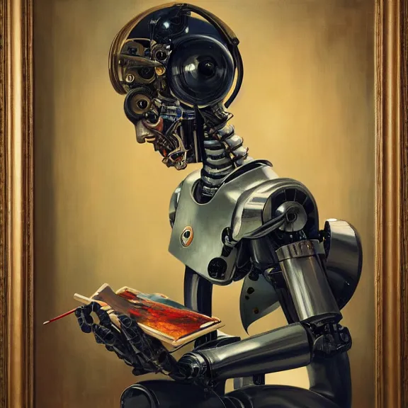 Prompt: robot artist painting a self - portrait on a canvas. intricate, highly detailed, photorealistic, film still, by alexandros pyromallis, gil elvgren, sachin teng, hans thoma.