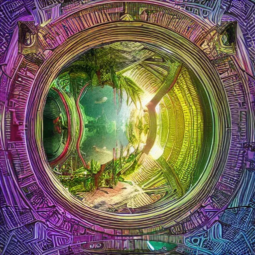 Image similar to alien cinematic geometric lush mirror art, integrated plants landscape geometry 8 k sharp focus sacred by moebius, andreas franke, james christensen, victo nagi, artgerm