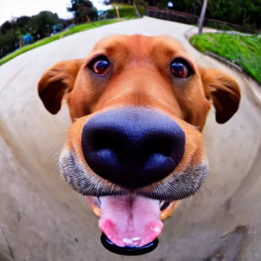 Image similar to widest fish eye lens extremely close to happy dog